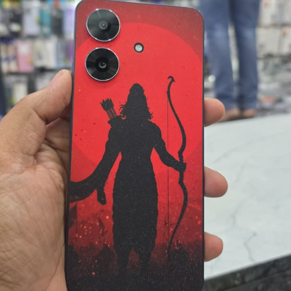 Lord Ram Silhouette Mobile Back Skin – Bold Red Divine Warrior Design